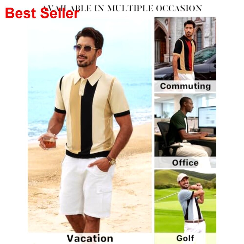 Vintage Striped Knit Polo Shirt Short Sleeve Casual Golf Summer - Picture 5 of 7